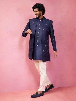 Vastramay - Navy Blue Men Embroidered Indo-Western Sherwani with Kurta and Pyjama
