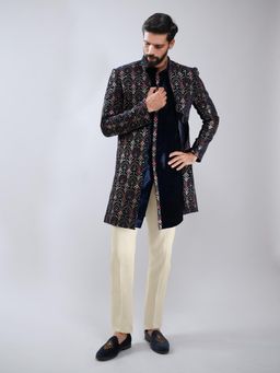 Vastramay - Men Navy Blue Velvet Embroidered Indo-Western Sherwani with Kurta and Pant