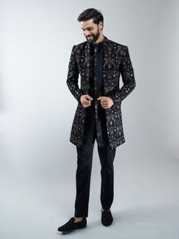 Vastramay - Men Black Velvet Embroidered Indo-Western Sherwani with Kurta and Pant