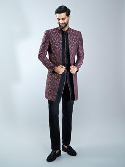 Vastramay - Men Maroon Jacquard Indo-Western Sherwani with Kurta and Pant