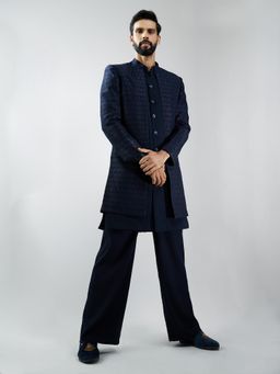 Vastramay - Men Navy Blue Indo-Western Sherwani with Kurta and Pant