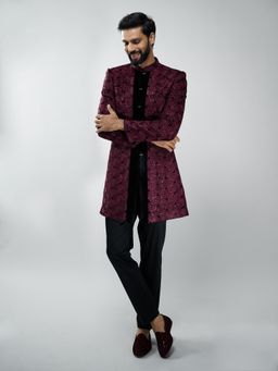 Vastramay - Men Wine Velvet Embroidered Indo-Western Sherwani with Kurta and Pant
