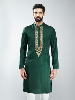 Vastramay - Men Bottle Green Silk Blend Yoke Embroidered Kurta