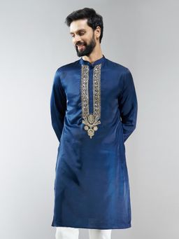 Vastramay - Men Navy Blue Silk Blend Yoke Embroidered Kurta