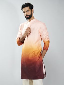 Vastramay - Men Brown Silk Blend Ombre Printed Long Kurta