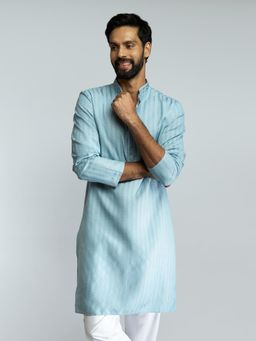 Vastramay - Men Aqua Cotton Blend Jacquard Embroidered Long Kurta