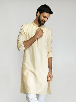 Vastramay - Men Cream Cotton Blend Jacquard Embroidered Long Kurta