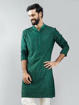 Vastramay - Men Bottle Green Silk Blend Mirror Work Long Kurta