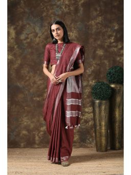 Swtantra - Cocoa Linen Saree With Silver Border And Unstitched Blouse