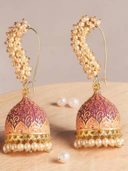 Fabula - Pink Meenakari Enamel Pearls Ethnic Jhumka Earrings