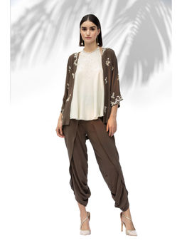 MANDIRA WIRK - Moss Green Kimono With Halter Neck Top And Dhoti (Set Of 3)