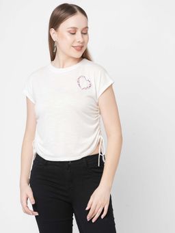 MISH - White Solid Heart Embellished Placement T-Shirt