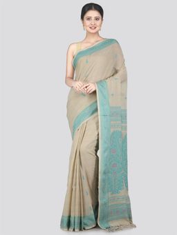 PinkLoom - Women's Cotton Saree with Unstitched Blouse Piece, Beige