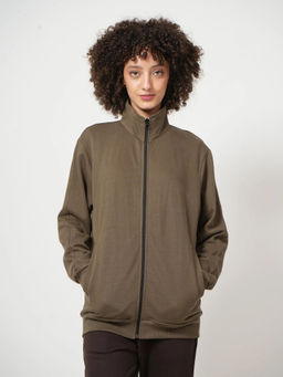 Saltpetre - Brown High Neck Front Zip Bomber Jacket