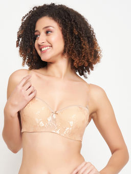 Clovia - Beige Lace Solid Padded Full Cup Underwired Balconette Bra