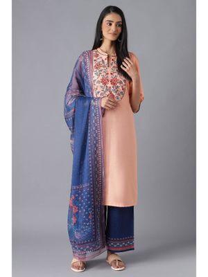 Women Peach Three-Quarter Sleeves Straight Kurta Palazzo With Dupatta