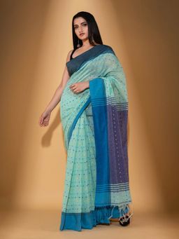 Beatitude - Blue Handspun Cotton Woven Saree with Unstitched Blouse