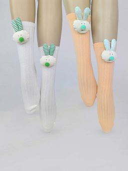 Little Surprise Box - Cream & Peach 3D Rabbit Face Socks (Pack of 2)