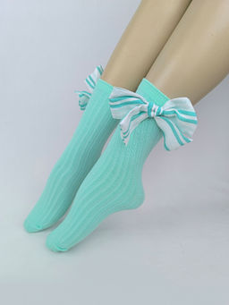Little Surprise Box - Mint Green White Striped 3D Big Bow Socks