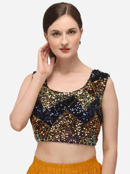Amrutam Fab - Womens Embroidered & Sequence Work Blue Velvet Stiched Blouse With Round Neck