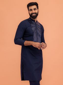 KISAH - Men Navy Blue Solid Dyed Cotton Blend Kurta
