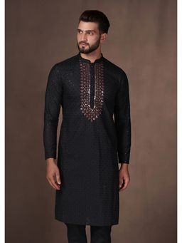KISAH - Men Black Embroidered Cotton Blend Kurta