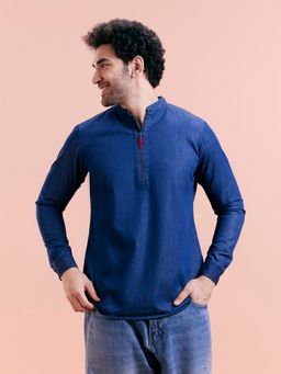 KISAH - Men Blue Solid Denim Short Kurta