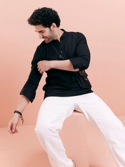 KISAH - Men Black Solid Denim Short Kurta