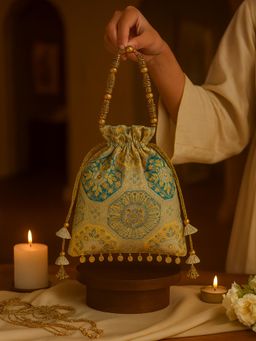 YELONA - Women's Designer Potli Bag with Beaded Handle - Gold Ahilya Green