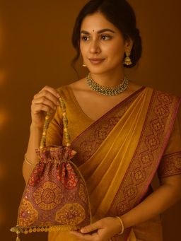 YELONA - Women's Designer Potli Bag with Beaded Handle - Kumkum Red Gold