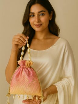 YELONA - Women's Designer Potli Bag with Beaded Handle - Peach Pink Ombre