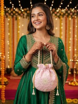YELONA - Women's Designer Potli Bag with Beaded Handle - Baby Pink