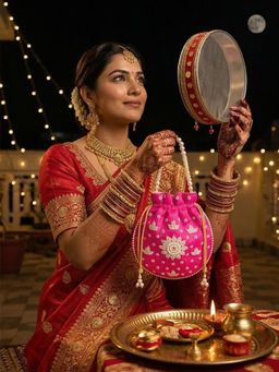 YELONA - Women's Designer Potli Bag with Beaded Handle - Fuchsia Pink