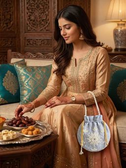 YELONA - Women's Designer Potli Bag with Beaded Handle - Pastel Grey