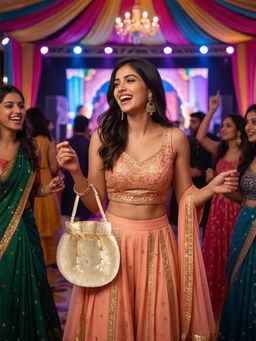 YELONA - Women's Designer Potli Bag with Beaded Handle - Champagne Beige