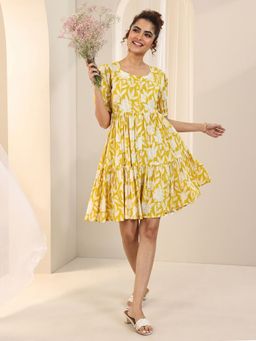 Libas - Yellow Floral Printed Layered Fit and Flared Dress