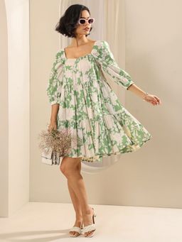 Libas - Green Floral Printed Layered Flared Dress