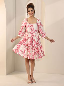Libas - Pink Floral Printed Layered Flared Dress