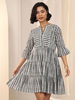 Libas - Black Striped Printed Layered Flared Dress