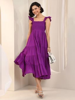 Libas - Purple Solid Smocked Ruffled Sleeves Flared Midi Dress
