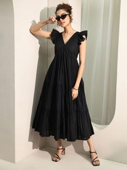 Libas - Black Solid Flared Ruffled Sleeves Midi Dress