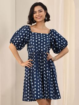 Libas - Navy Blue Printed Fit and Flared Dress