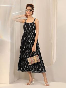 Libas - Black Printed Fit and Flared Midi Dress