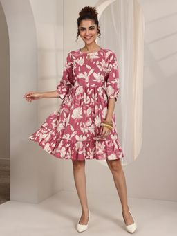 Libas - Pink Floral Printed Pleated Fit and Flared Dress