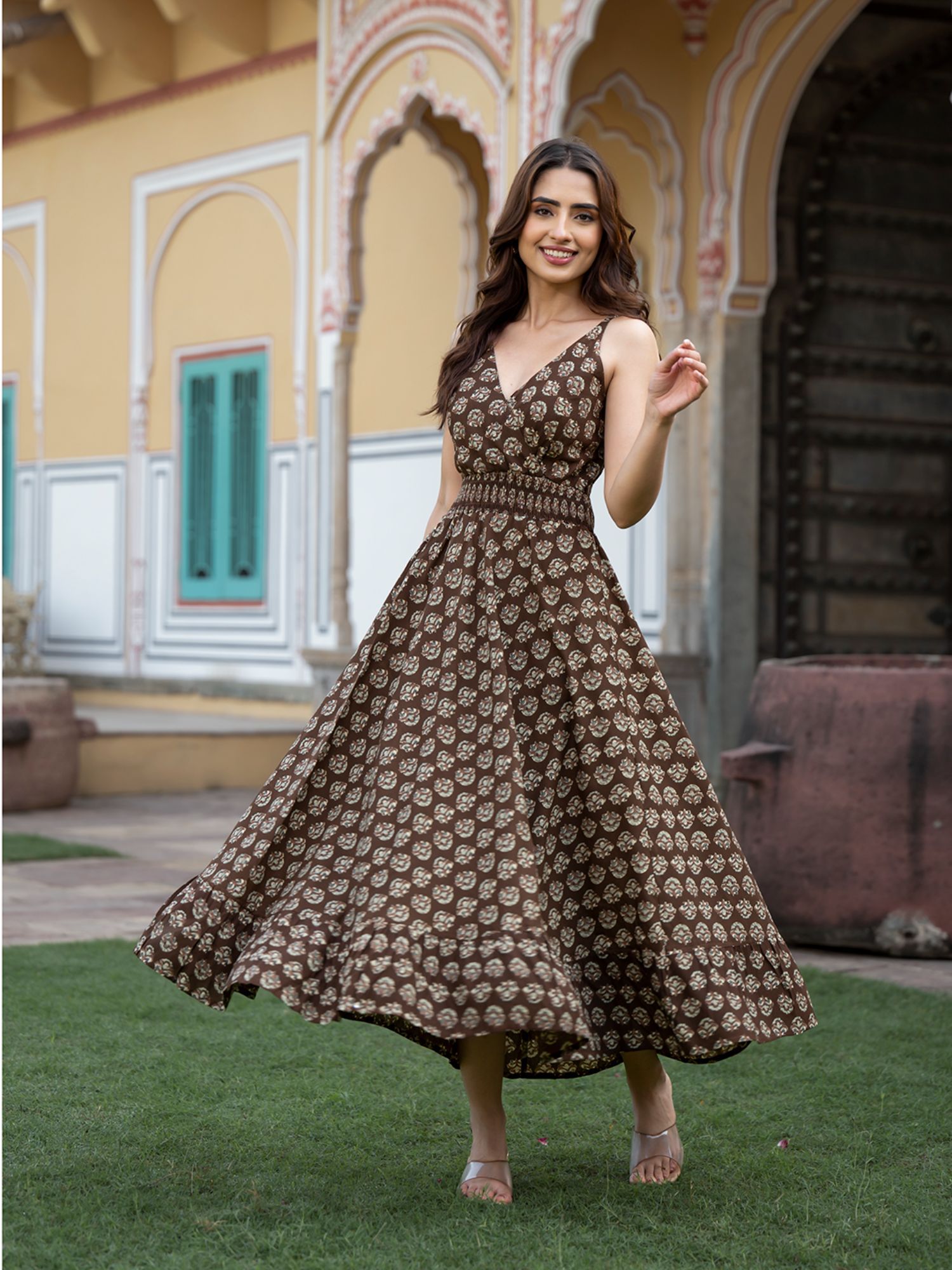 divena Brown Floral Print Pure Cotton Flared Dress-picture-19