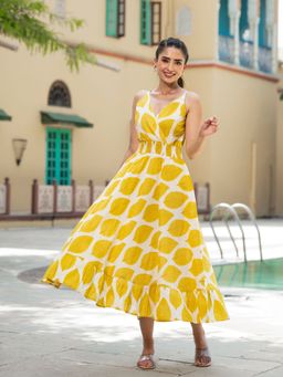 Divena - Yellow Printed Pure Cotton Flared Dress