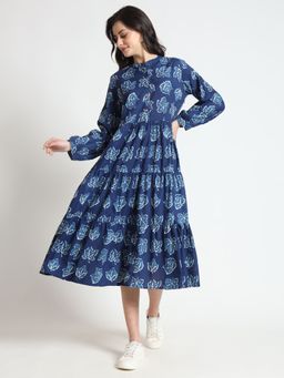 Divena - Indigo Floral Print Cotton Flared Dress