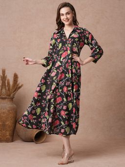 FASHOR - Ethnic Floral Printed A-Line Paneled Midi Dress - Black
