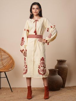 FASHOR - Ethnic Floral Embroidered A-Line Midi Dress with Belt - Cream