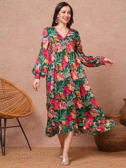 FASHOR - Floral Printed and Embroidered A-Line Midi Dress - Multi-Color